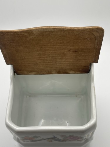 Vintage Tschechisch-Slowokien Keramik hängende Salzdose Blumen Pfau Holzdeckel - Bild 4 von 6