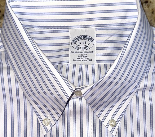 Camicia uomo Brooks Brothers blu a righe slim fit abbottonata L/S taglia 17x37