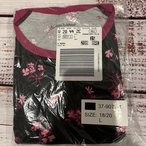Woman Within Pink And Black Floral 3/4 Sleeve T-Shirt Women’s Size L 18/20 NEW - Picture 2 of 9