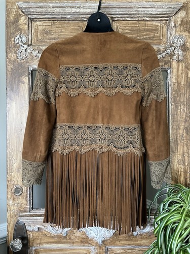 Scully Womens Romantic Western Boho Leather and Lace Fringe Jacket Brown S - Picture 9 of 14