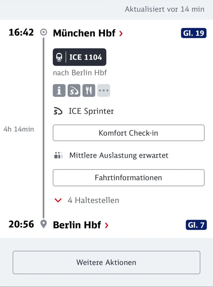 ICE Ticket München nach Berlin - 21.08. - 2. Klasse 16:42 Uhr Abfahrt (mit Res.)