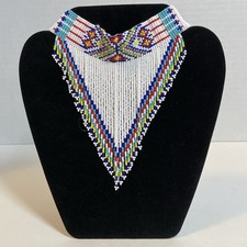 NATIVE AMERICAN BIB CHOKER Intricate Seed Bead BEADED FRINGE NECKLACE, Boho Chic