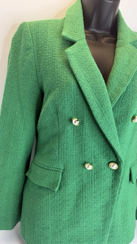 Blazer Nanette Lepore Tweed Verde Talla 4 Botones Dorado Perla Nuevo Sin Etiquetas Foto 4 de 4