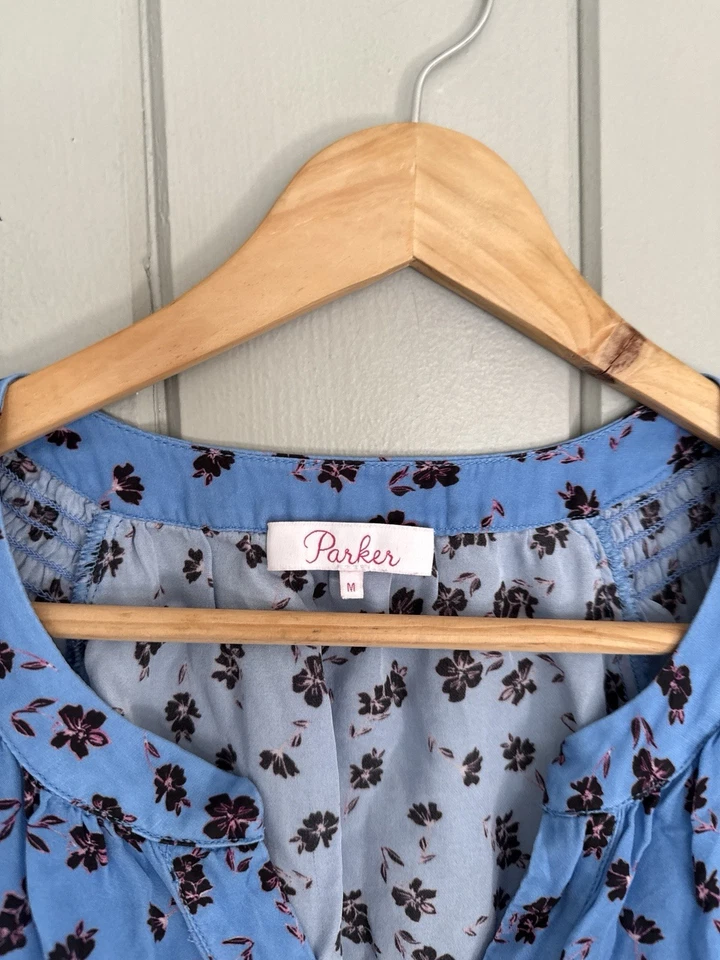 Top Parker 100% Seda M Mediano Mangas Cortas Azul Estampado Floral Mangas Cortas Foto 4 de 4