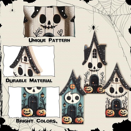 3-Piece Halloween Table Decorations Haunted House Wooden Block Tiered Tray - Picture 4 of 11