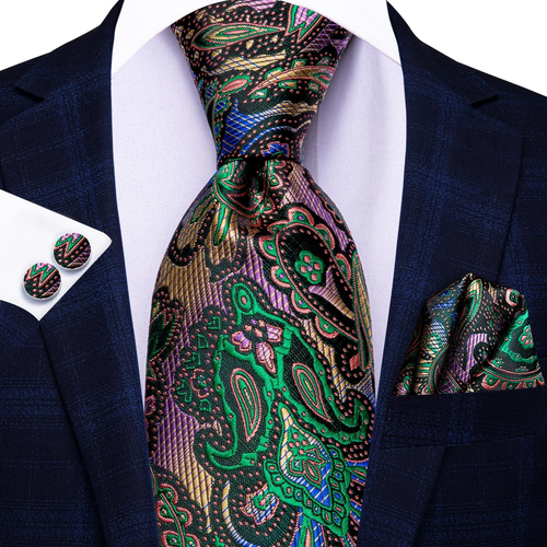 Mens Silk Paisley Necktie and Pocket Square Cufflinks Set for Wedding Green - Bild 3 von 7