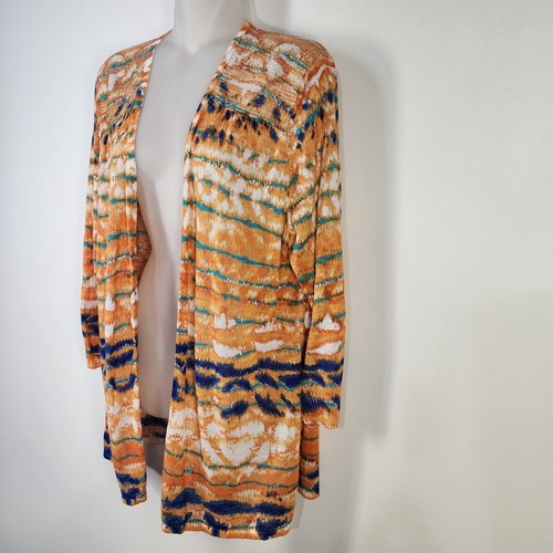 Chico’s Cardigan Womens Size 3 US XL Linen Blend Orange Multicolor Printed Open - Picture 5 of 11