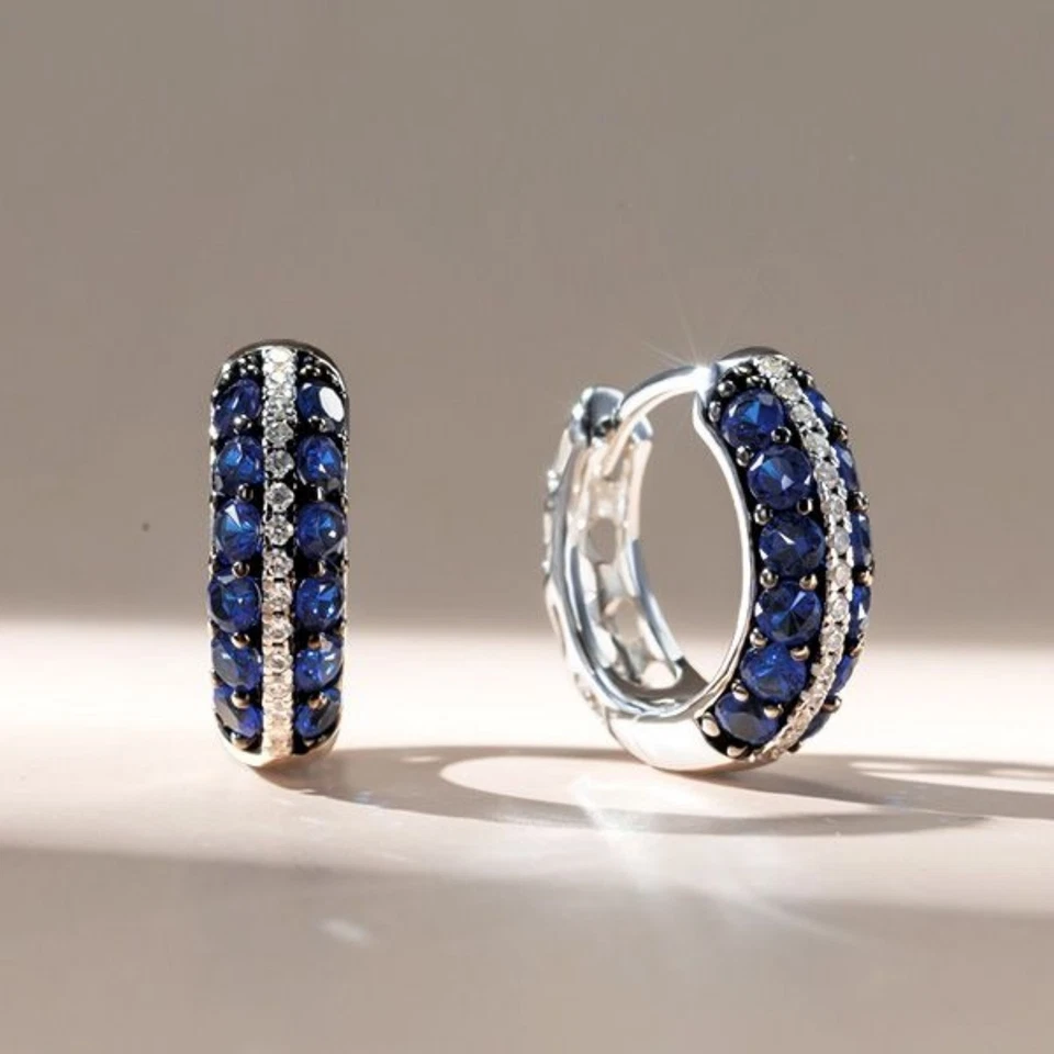 Lab Grown Blue Sapphire & Moissanite Huggie Hoop Earrings in 18K Gold Micron. - Image 4 of 4