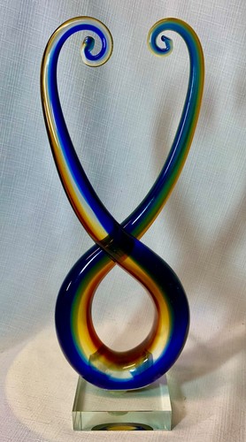 ESCULTURA DE VIDRIO RIZADO Y BASE DE VIDRIO SOPLADO A MANO ANN PRIMARO PEGATINA ORIGINAL 12.5"H - Imagen 2 de 6