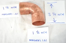 New Solid Copper 90 Degree Fitting Elbow 1-1/2 x 1-1/2 I.D. Sweat 3 1/4 radius