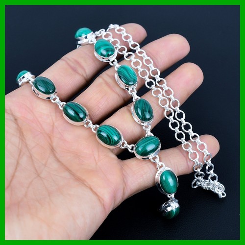 Halloween Deal 925 Sterling Silver Oval Natural Malachite Bezel Chain Necklace - Picture 9 of 11