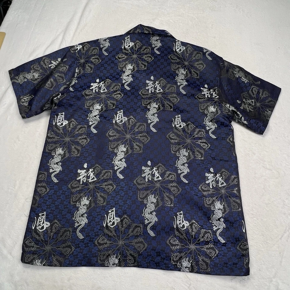 Camisa Odo Para Hombre Talla L Dragón Manga Corta Bordada AOP Negra Azul Y2K Foto 4 de 4