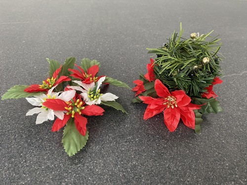 CHRISTMAS 2 Floral Candle Ring Poinsettia Wreath + Candle Holder Silk Decoration - Picture 14 of 15