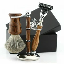 Wooden Mens Shaving Set with Shaving Brush | Manual 3 Edge Razor & Stand 