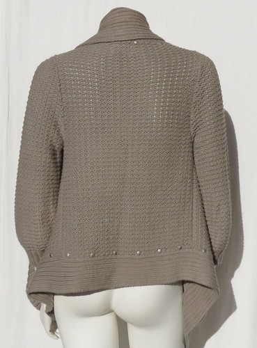 PURE HANDKNIT Taupe Chunky 100% Cotton Draped Studded Cardigan Sweater size S M - Picture 3 of 5