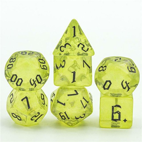Yellow Glitter Party Glitter Dice (Silver font) 7-Dice Set RPG DND - Picture 3 of 6