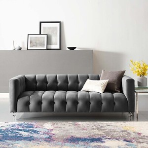 Modway Mesmer Channel Button Tufted Velvet Sofa in Charcoal