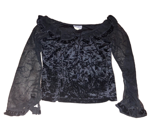 vintage y2k black velvet mesh long seeve top shirt M fairy grunge whimsi goth