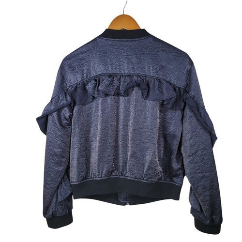 Guess Moto Jacket Size Medium Zip Up Metallic Black Bomber Ruffle Back Sleeve - Picture 4 of 8
