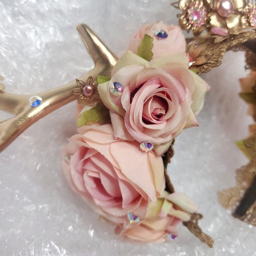 Carbickova Gold Forest Goddess Deer Antler Crown Headpiece Pink Floral Jeweled - Picture 6 of 15