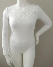 Ambiance Apparel Long Sleeve Stretch Lace Inset Bodysuit Top White Plus 1X 2X