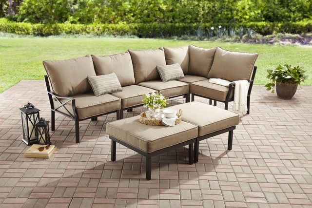 7 Pcs Outdoor Sectional Sofa Set Metal Backyard Garden Patio Sandhill 7 Piece Outdoor Furniture Sofa Sectional Set Seats 5 Tan No S Tax