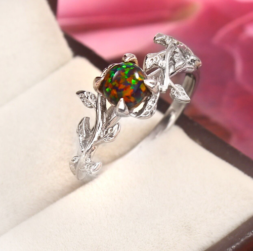 Fire Black Opal Ring, 925 Silver Sterling Leaf Design Ring Birthstone Ring,