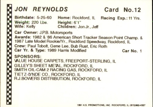 1991 Hot Stuff Drivers #12 Jon Reynolds Rockford Illinois IL - NM Racing Card - Picture 2 of 2