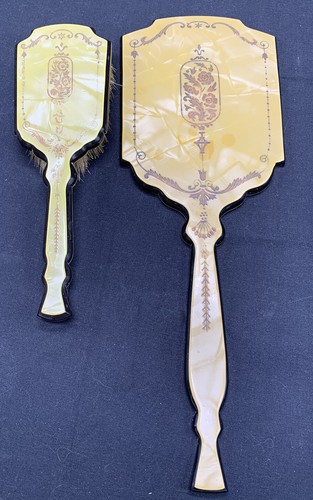 Hand Held Mirror & Brush Set Beveled Pearlized Embossed Amber Vanity Dresser - Afbeelding 1 van 12