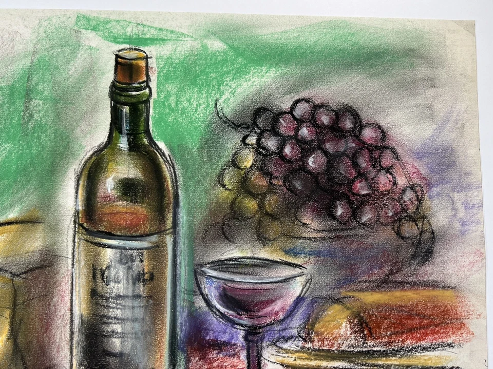 De colección Dibujo Queso Vino y Uvas Bodegón Freda Freiter 13x17” Bellas Artes Pastel Foto 4 de 4