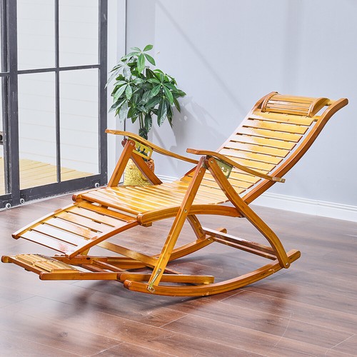 Hight Back Rocking Chair Patio Recliner Sun Lounger Chair Bamboo Seat Adjustable - Picture 3 of 8