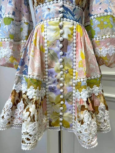 New Zimmermann linen print and lace lace V-neck lantern sleeve dress - Picture 4 of 10