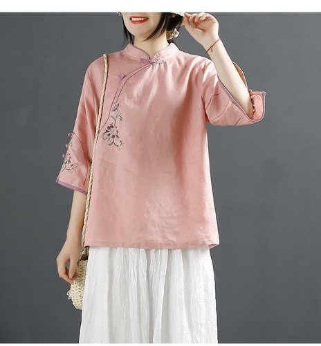 Women Embroidery Disc Button Stand Collar Cotton Linen Shirt Loose Ethnic Top - Bild 11 von 16
