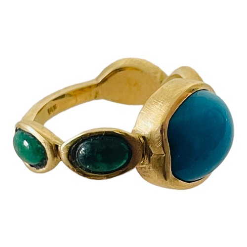 Vintage Unique 14K Yellow Gold Turquoise and Jade Cabochon Ring Size 7.5 - Picture 2 of 8
