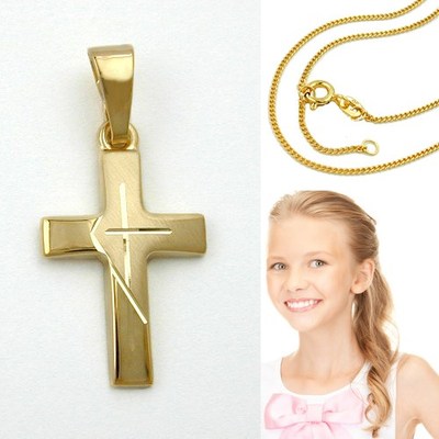Kreuz Gold Echtgold Kreuz Anhänger 333 Für Kommunion – Mit Kette, Silber Vergoldet, Personalisierbar Gold Kreuz Anhaenger
