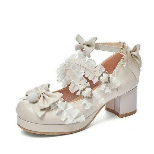 Bowknot Women's Mary Janes Pumps Shoes Buckle Strap Lolita Chunky Heels Fashion - Bild 4 von 16