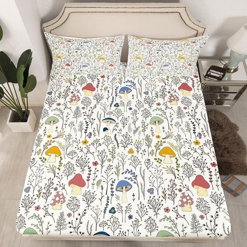 Erosebridal Cartoon Mushroom Sheet Set Flowers Branch Leaves Full, Multi 15 - Picture 2 of 5