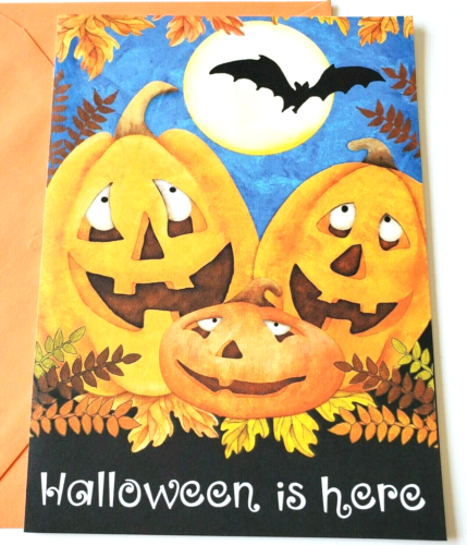 Halloween Card Current Inc Jack O Lanterns Pumpkins with Eyes Bat and Moon - Picture 1 of 3