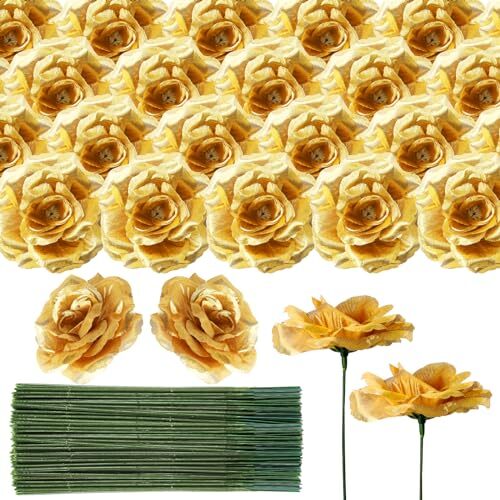 100 Pieces Gold Roses Artificial Flowers 3 Inch Gold Fake Rose Heads with 6.7...