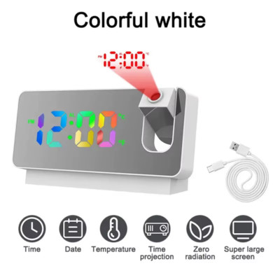 Multifunctional 180° Rotating Projection Creative Alarm Clock, LED Silent Colour