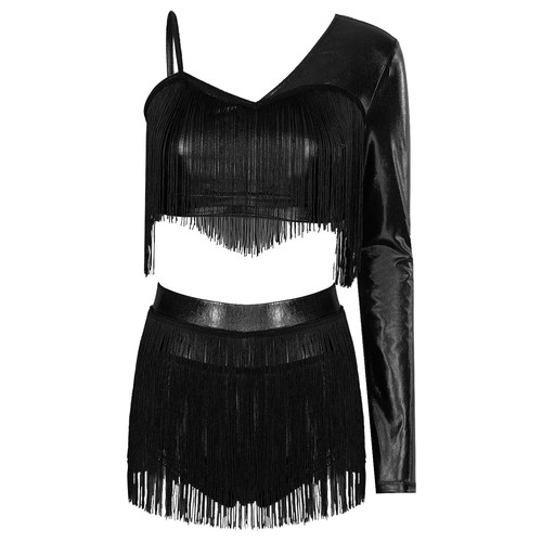 Women Skirt Sleeve Dancewear Dance Outfit Asymmetrical Metallic Fancy Dress - Picture 52 of 58
