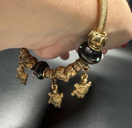 Gold Tone Turtle Stretch Charm Bracelet Beaded Cottagecore Fairy Boho Chic Beach - Picture 10 of 20