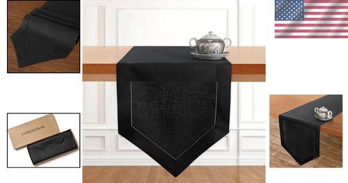 Elegant Black Linen Table Runner 14x108 - 100% European Flax, Machine Washable - Picture 2 of 8