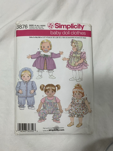 Simplicity 3876 Baby Doll Size 12"-22" 5 Outfits UNCUT Pattern - Picture 1 of 3