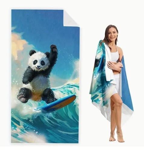 Surfing Panda Strand Pool Handtuch, 2 Größen, weich, schnelltrocknend, saugfähig - Bild 1 von 6