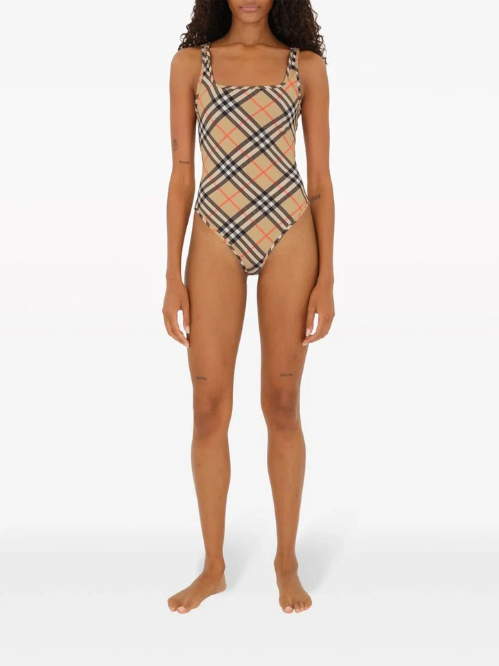 Burberry Beige Check-Pattern Swimsuit: Square Neck, Scoop Back, Slip-On Style - Image 3 of 4