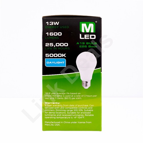 16 Bulbs Maxlite 100W Replacement 13W LED Dimmable Daylight A19 5000K E26 1600lm - Picture 3 of 5
