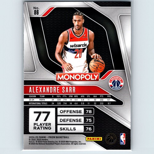 2024-25 Panini Prizm Monopoly - Alexandre Sarr #86 (RC) - Washington Wizards - Bild 2 von 2