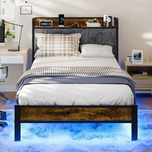 Twin Bed Frame with Smart LED Lights, Storage Headboard and USB Charging Station