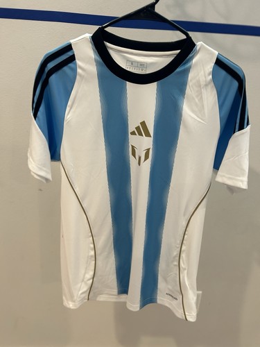 Adidas Tiro Lionel Messi Blue White Stripe SS Crew Neck Tee Shirt Kids L